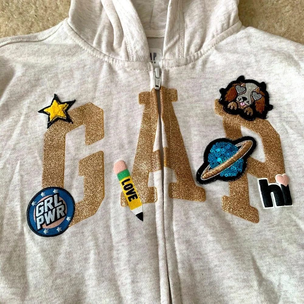 Gap Kids Beige Glitter Gold Logo Hoodie Size 10 Excellent Used Condition