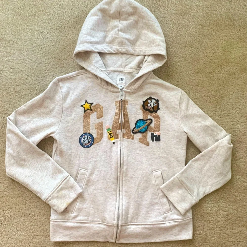 Gap Kids Beige Glitter Gold Logo Hoodie Size 10 Excellent Used Condition