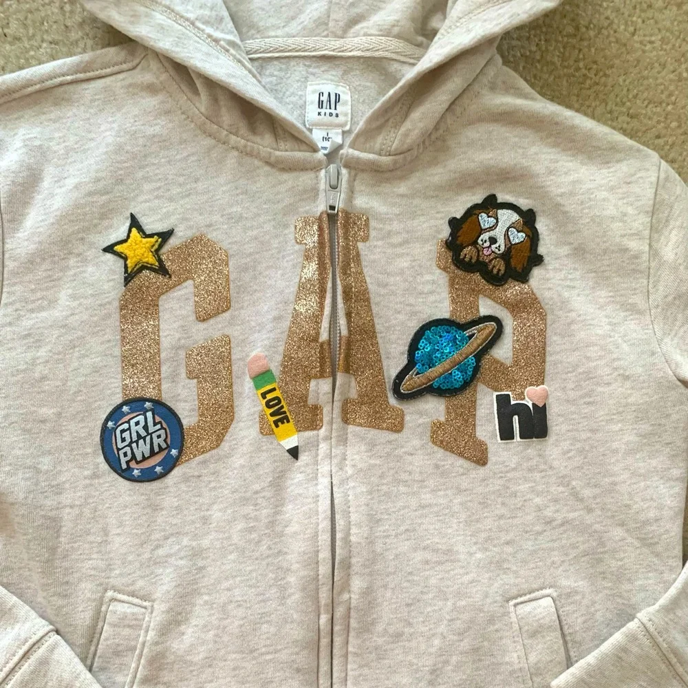 Gap Kids Beige Glitter Gold Logo Hoodie Size 10 Excellent Used Condition