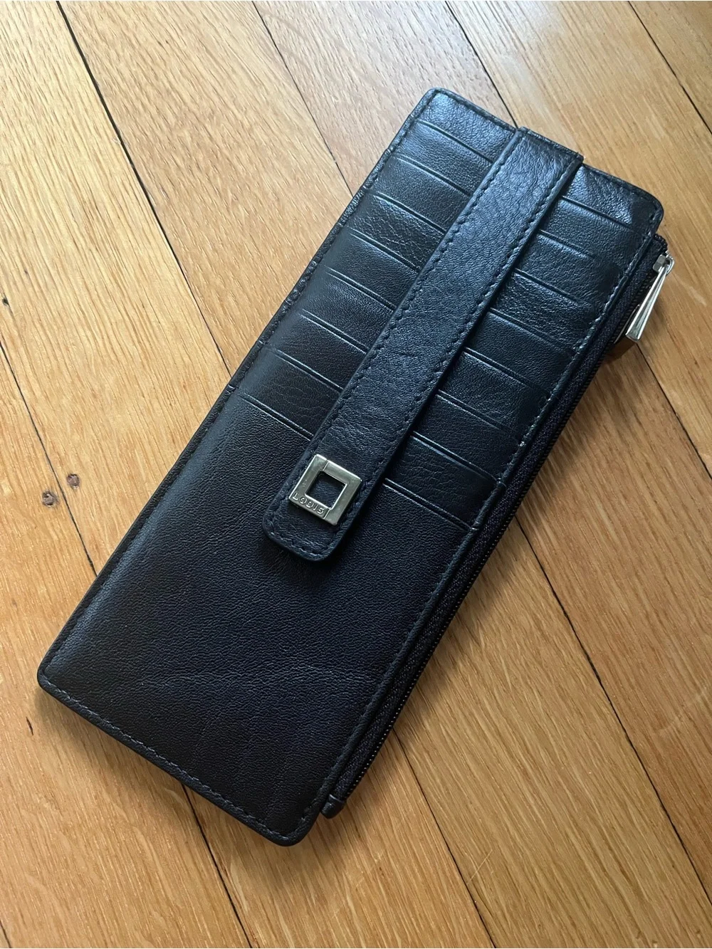 Lodis Black Leather Zip Wallet with Card Strap