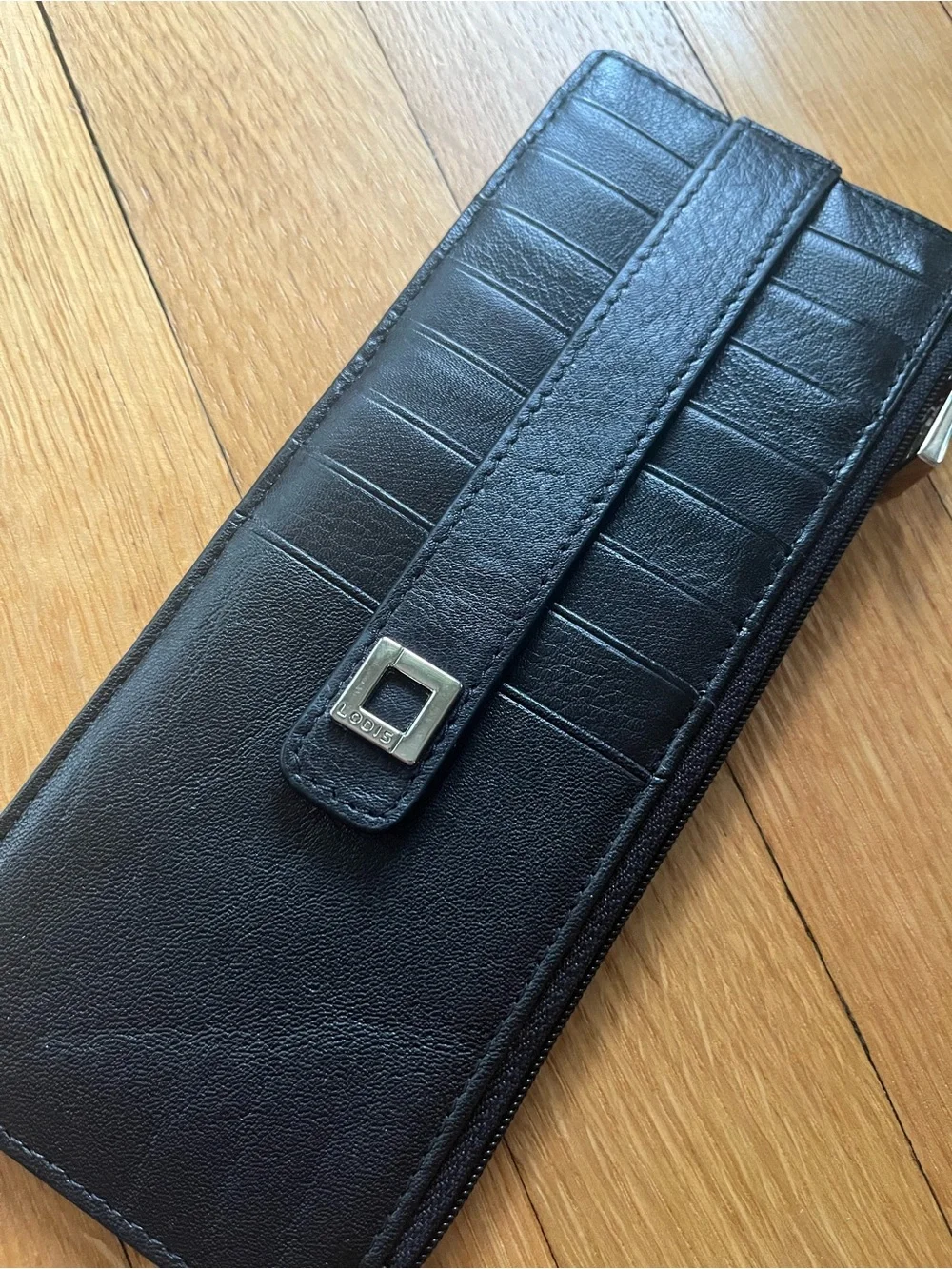 Lodis Black Leather Zip Wallet with Card Strap