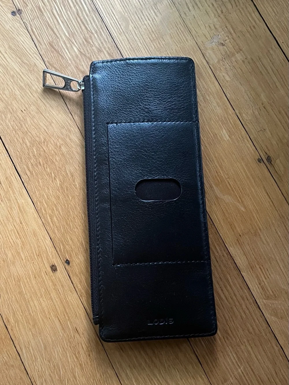 Lodis Black Leather Zip Wallet with Card Strap