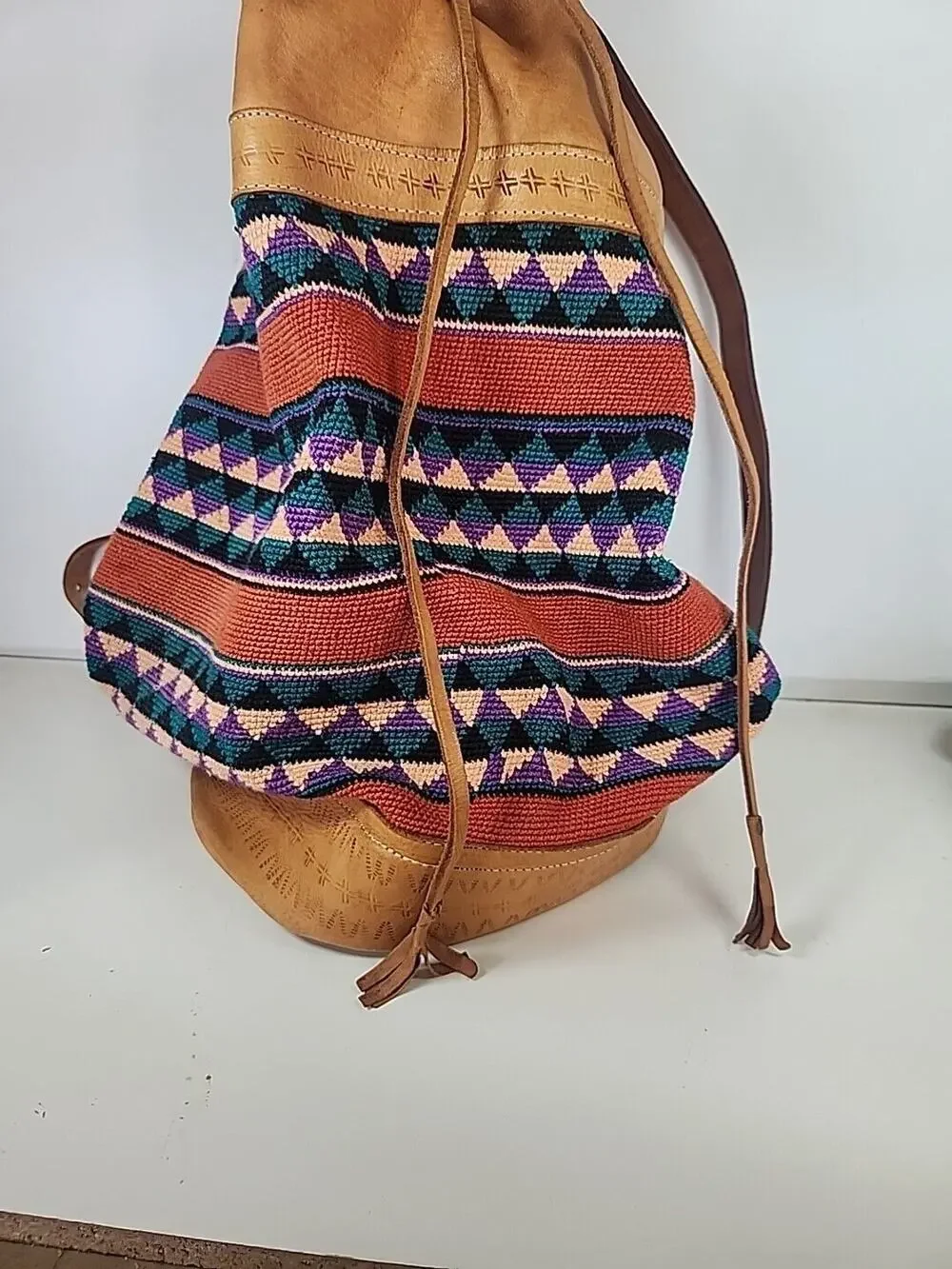 LARGE BACKPACK HAND WOVEN WOOL KILIM TOOLED LEATHER VTG SLING PURSE TOTE BAG