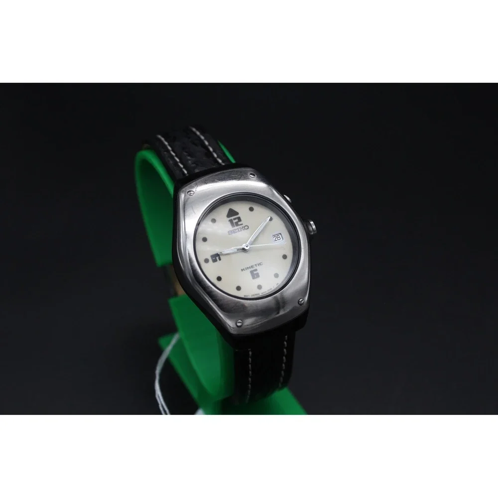 Seiko Men's Silver Case Cream Dial Watch with Black Strap