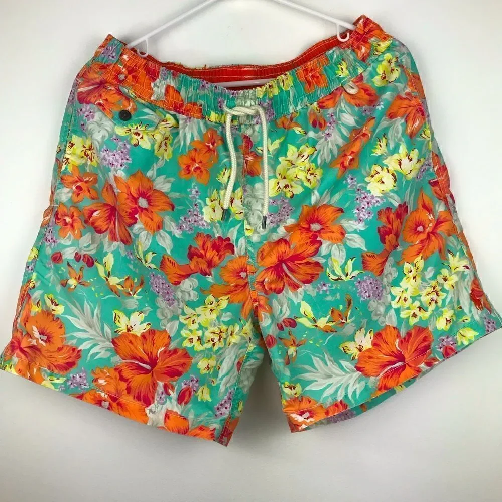 Polo Ralph Lauren Teal and Orange Hibiscus Tropical Print Swim Trunks