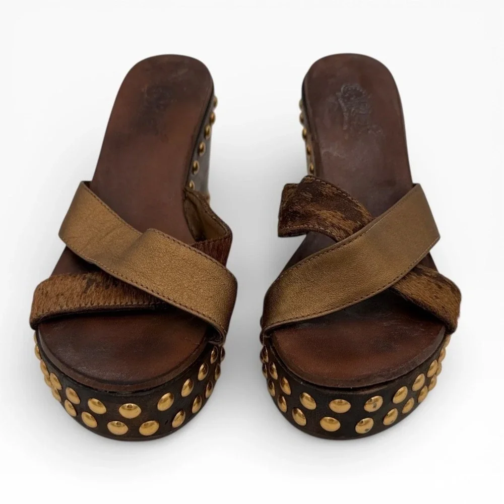 Carlos by Carlos Santana Gravity 6M Studded Wood Platform Wedge‎ Slide Sandals