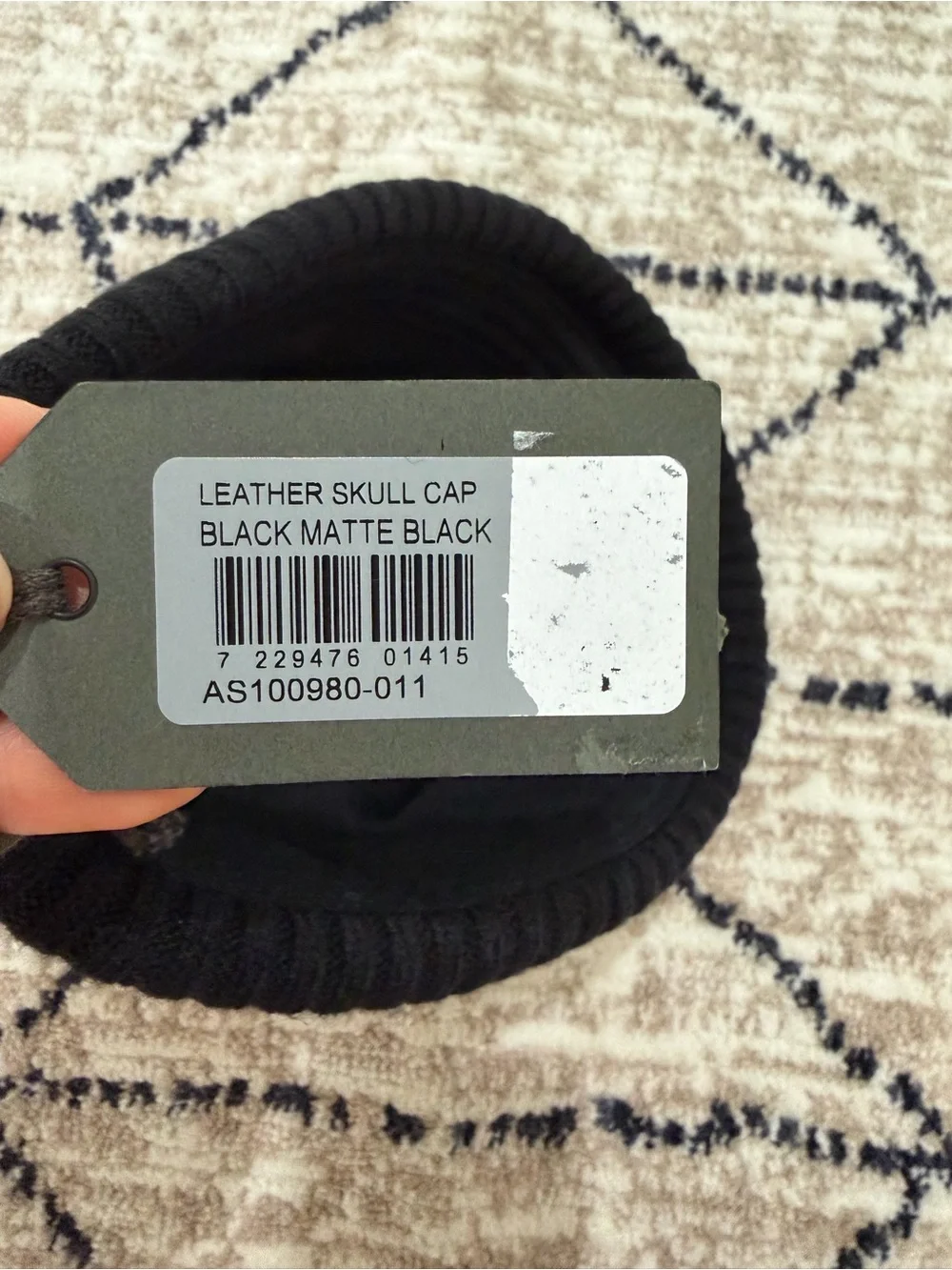 AllSaints Matte Black Leather Skull Cap