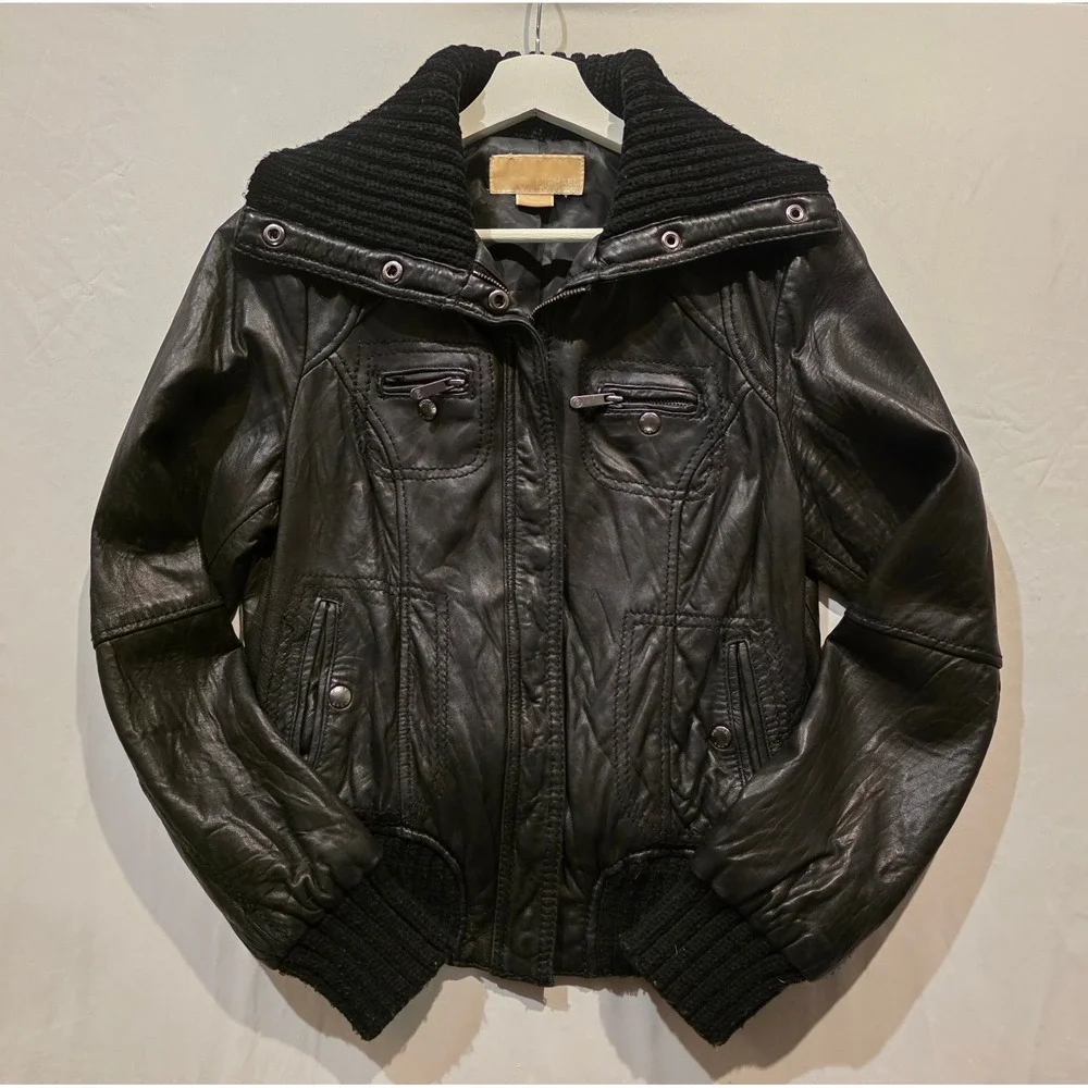 Michael Kors Genuine Leather Bomber Jacket Womens M Black Knit Collar Zip