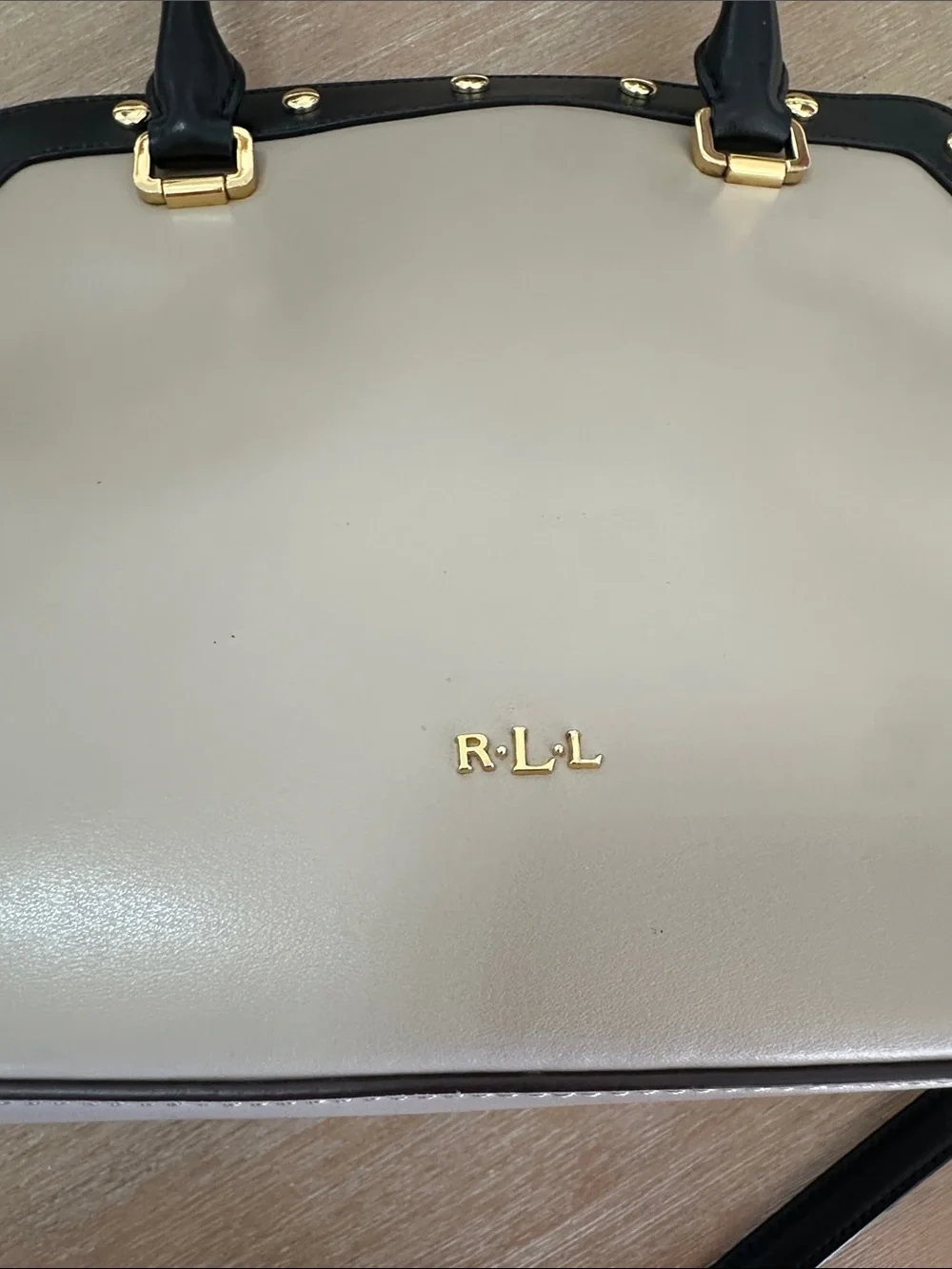 Ralph Lauren Beige and Black Leather Satchel with Gold Hardware