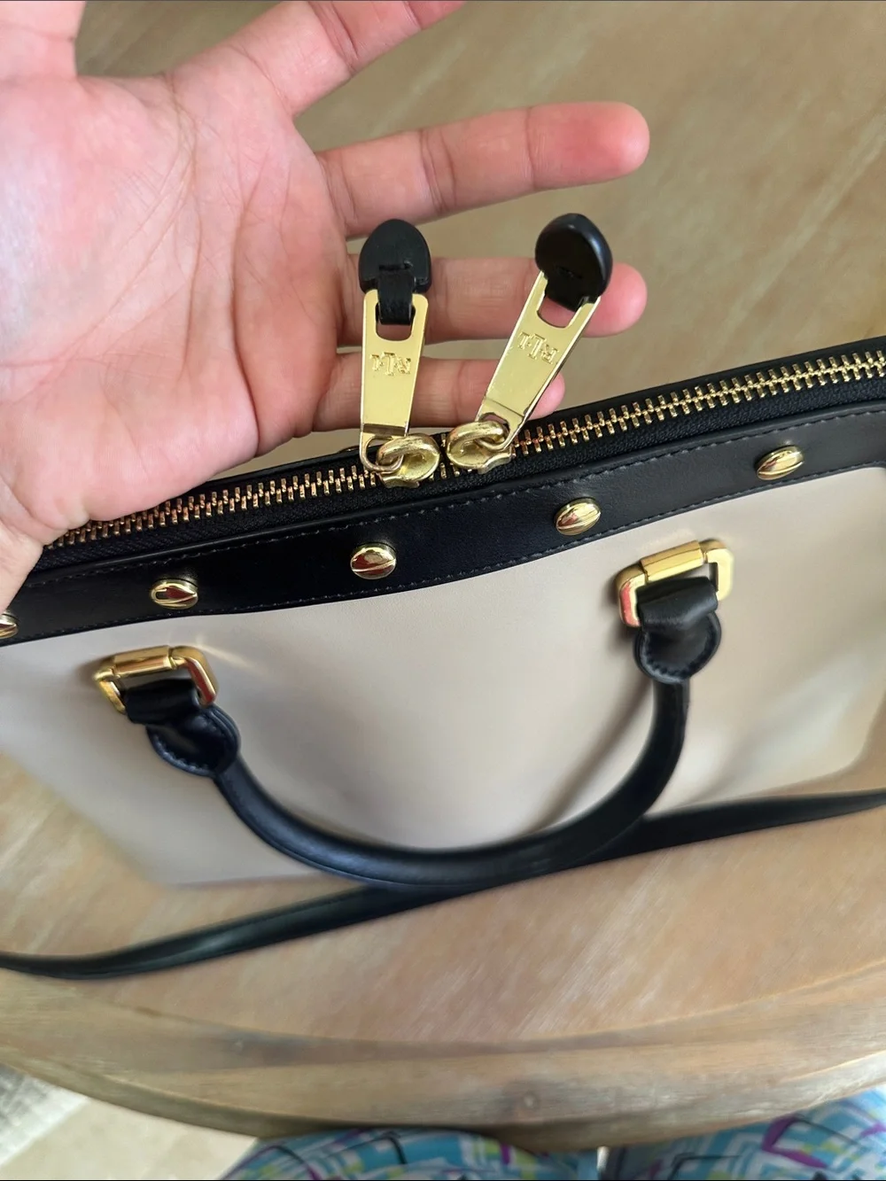 Ralph Lauren Beige and Black Leather Satchel with Gold Hardware