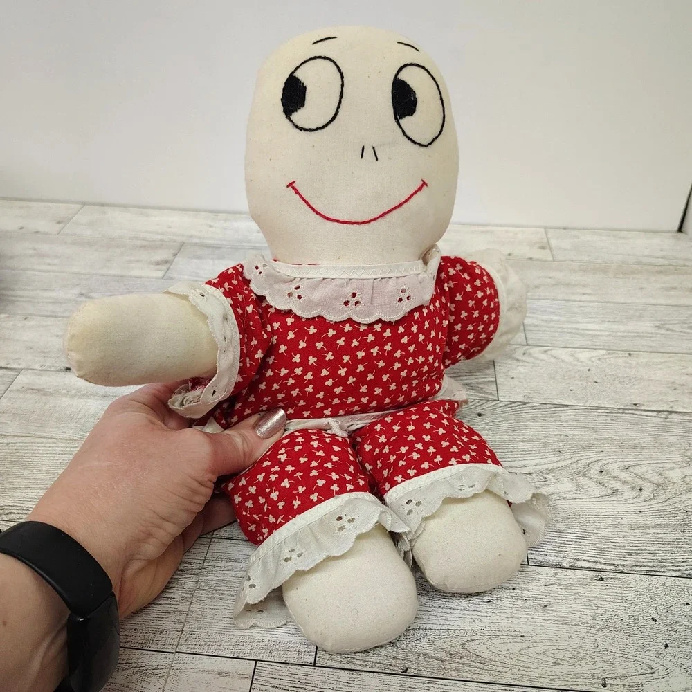 Vintage Handmade Rag Doll Red White‎ Dress 1982 Folk Art 12