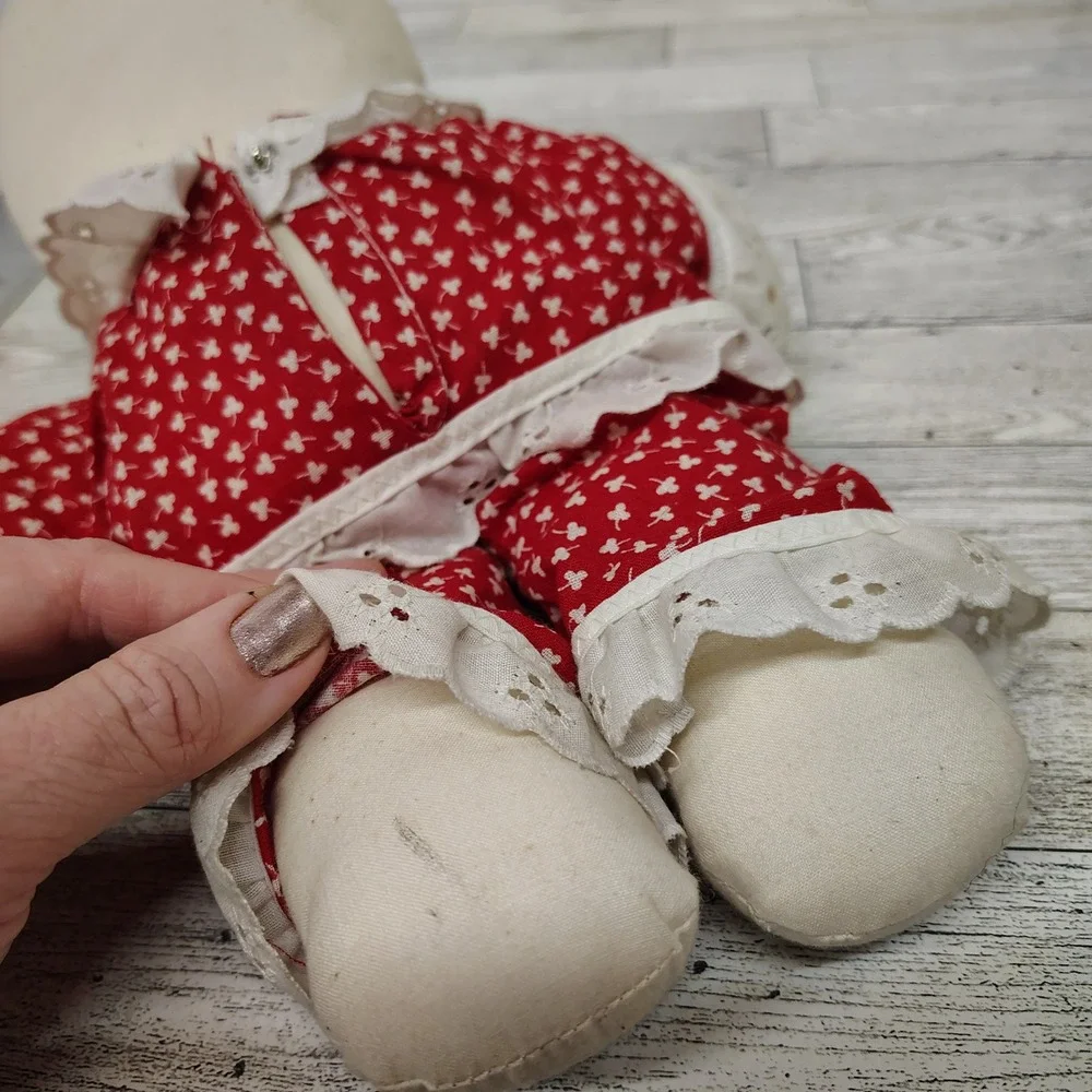 Vintage Handmade Rag Doll Red White‎ Dress 1982 Folk Art 12