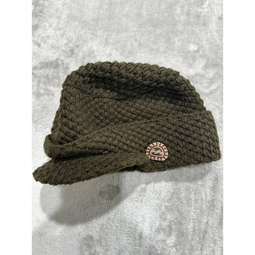 Billabong Newsboy Hat Women's Green Chunky Knit Leather‎ Logo Stretch Fit EUC