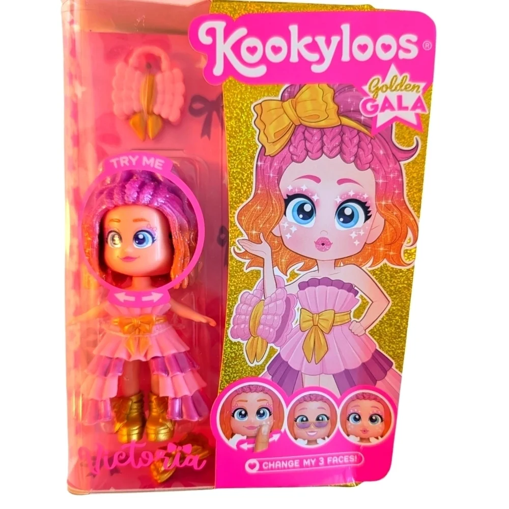 NWT KOOKYLOOS Golden Gala Doll Pink and Gold With 3 Faces Age 3+