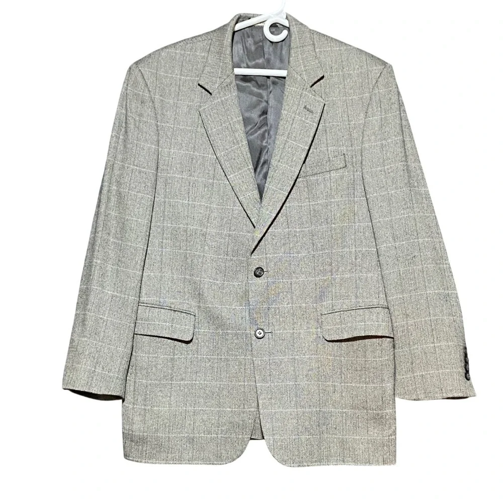 JOS A BANK Wool Silk Cashmere Linen Blazer 42 Regular Grey Windowpane Sport Coat