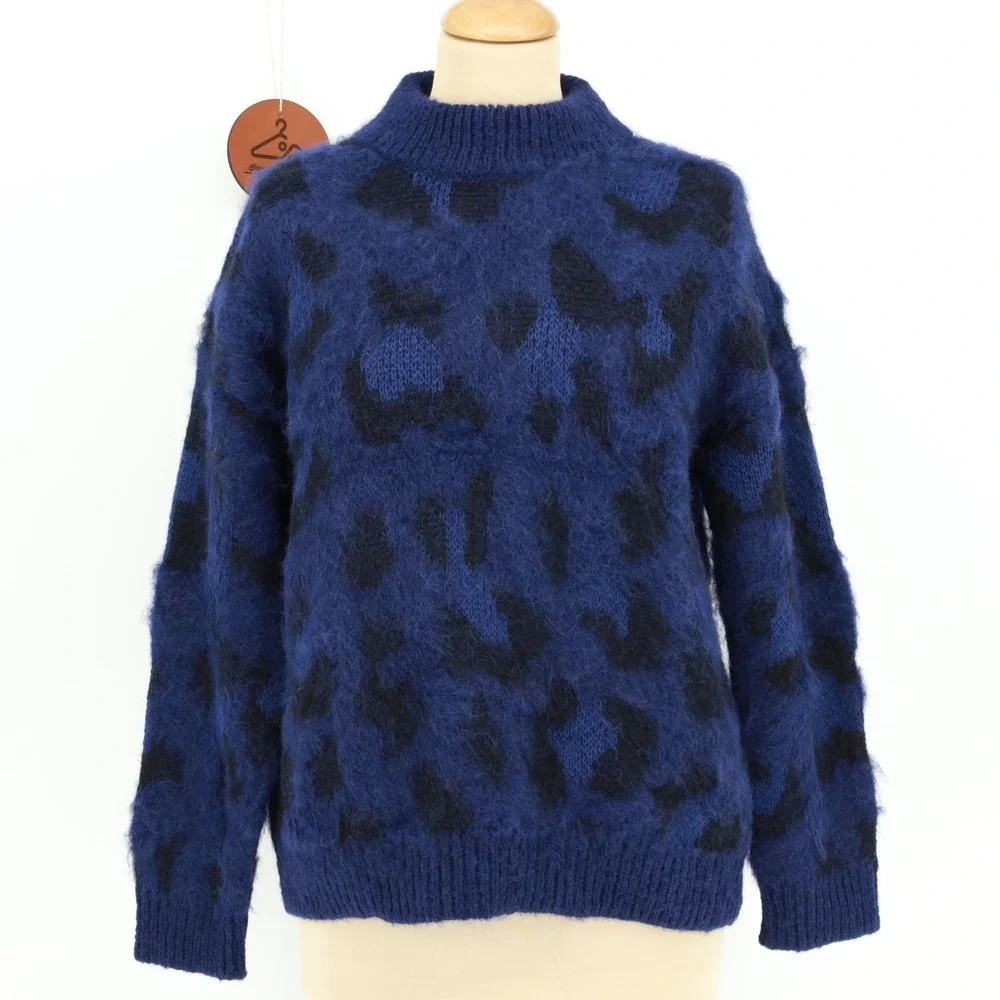 Kate Spade Wild Ones Leopard‎ Sweater Blue Black Alpaca Wool Size Medium NWOT