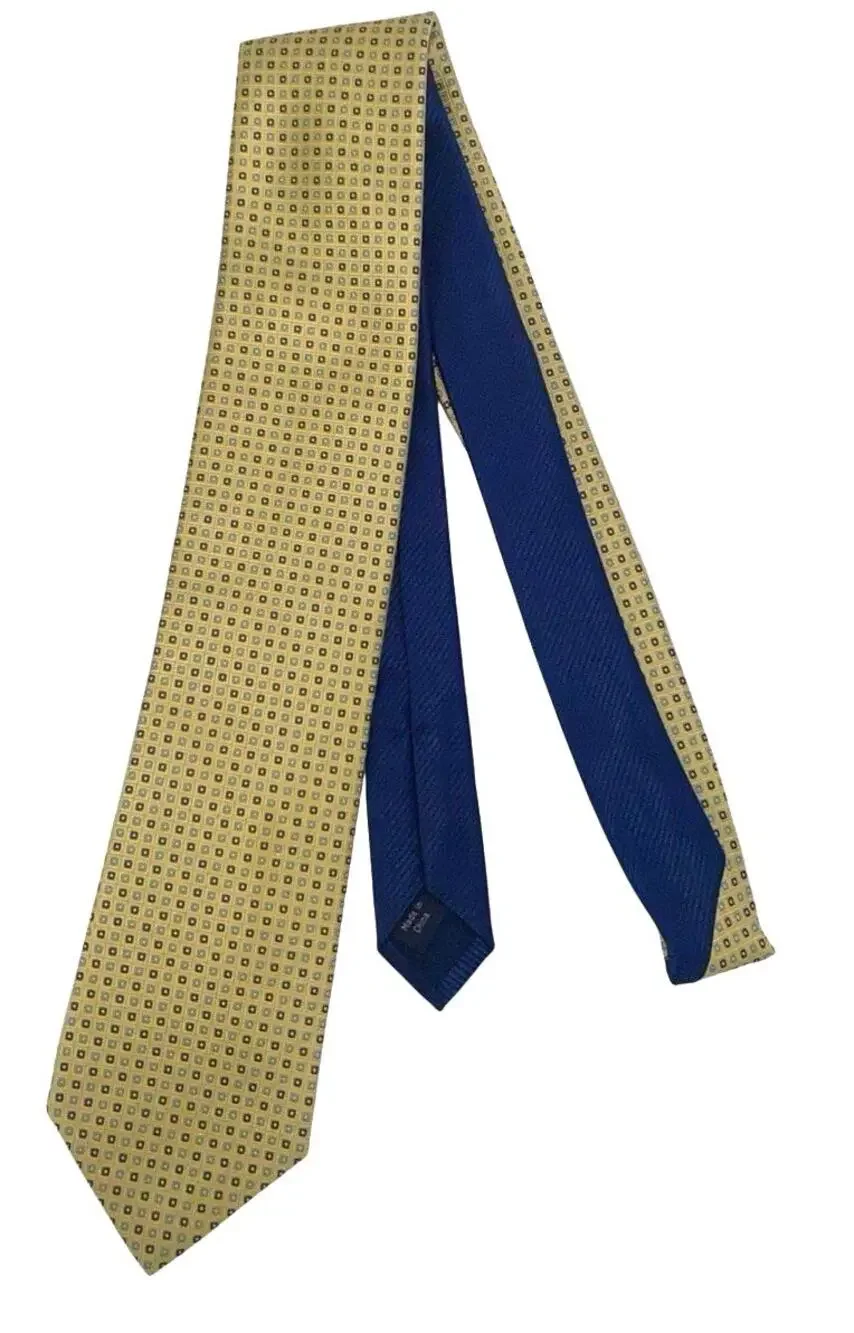 Tommy Hilfiger Yellow With Blue Squares 100% Silk Necktie Tie Office Church