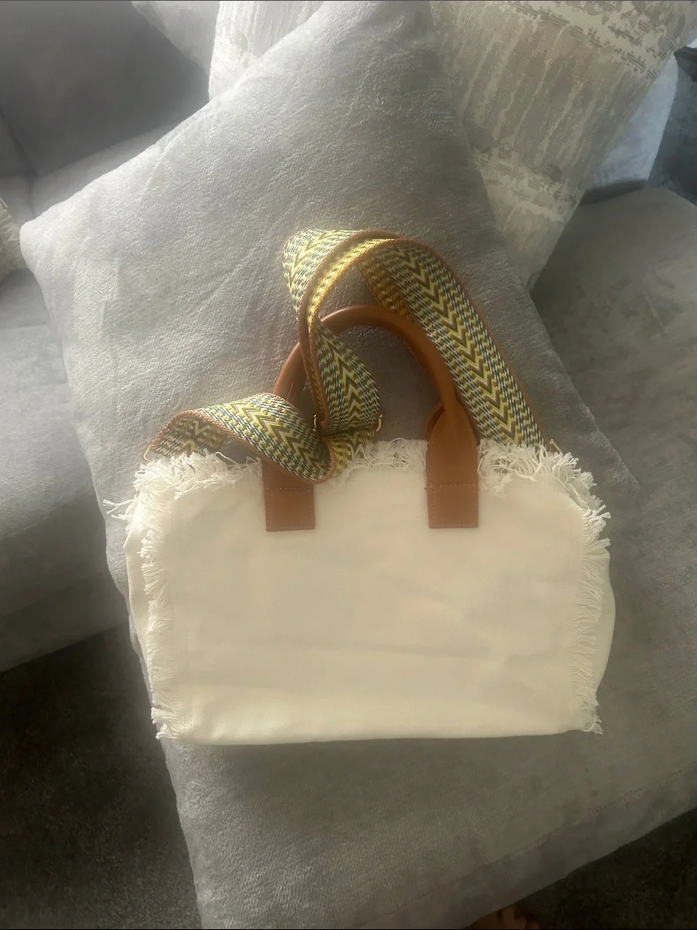 Cream Canvas Tote with Tan Handles and Removable Patterned Strap