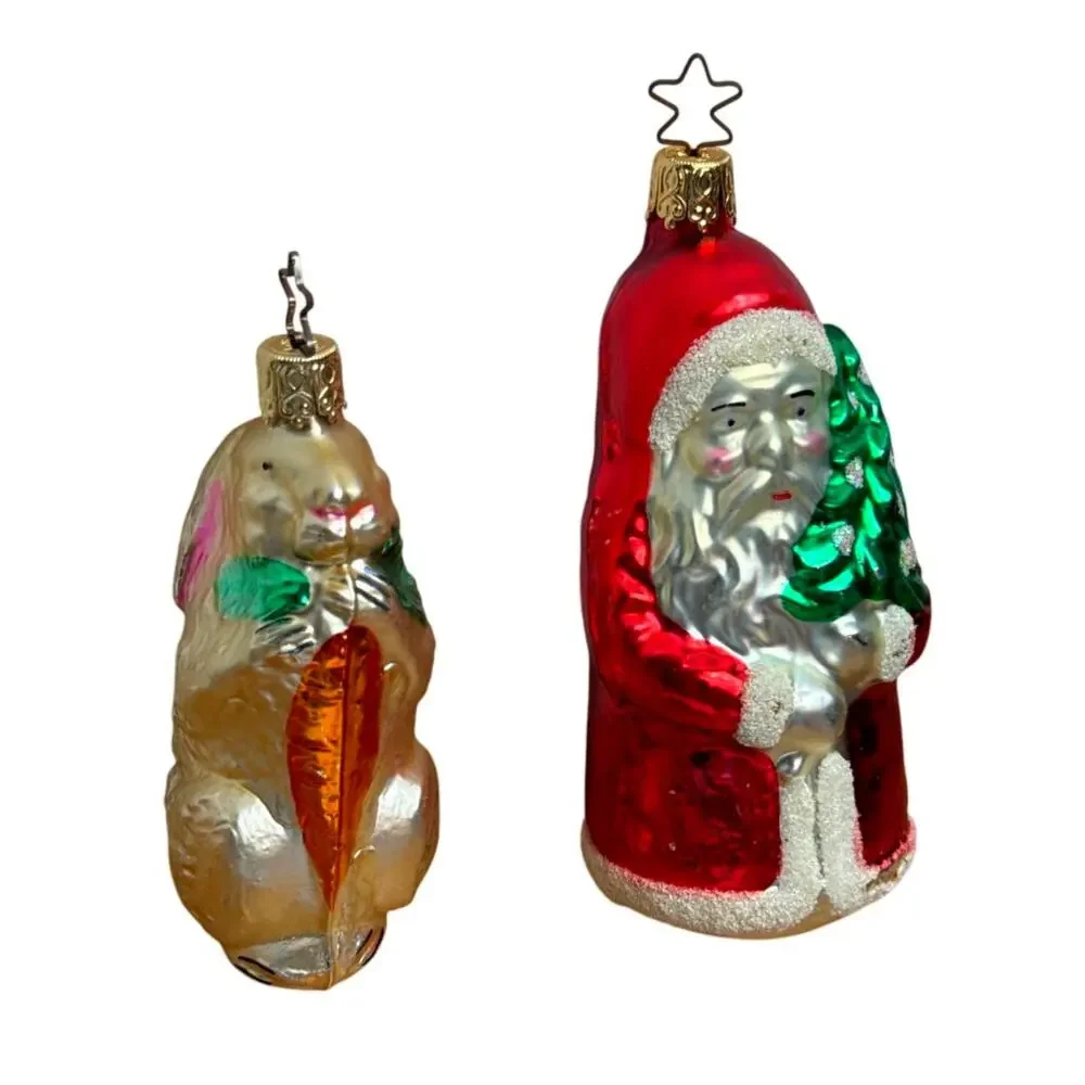 Inge Glas Ornaments Glass Santa and Rabbit Germany Christmas Traditional Gift