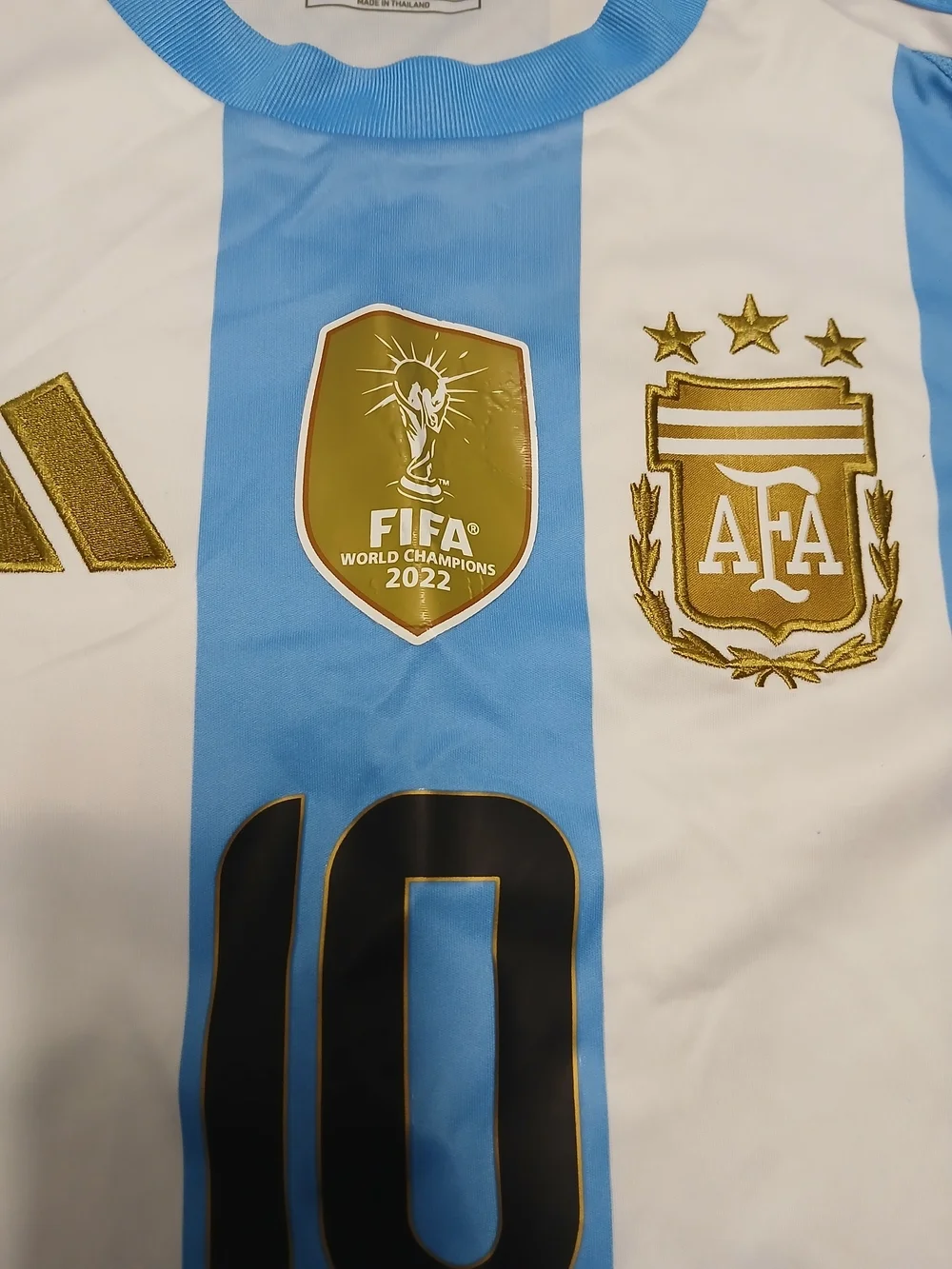 adidas White and Light Blue Argentina Football Jersey with Gold Accents