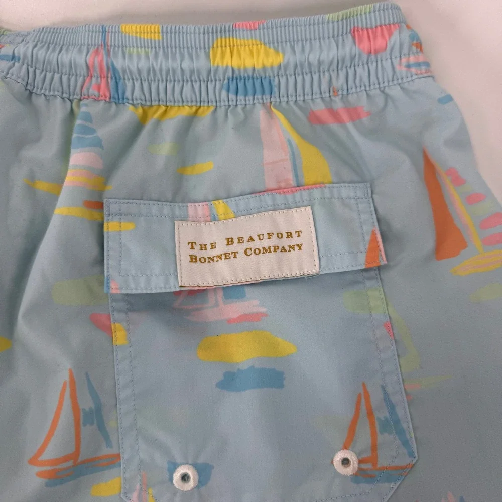 The Beaufort Bonnet Company Mens Sailboat Swim Trunks Blue Pastel Shorts‎ Sz XL