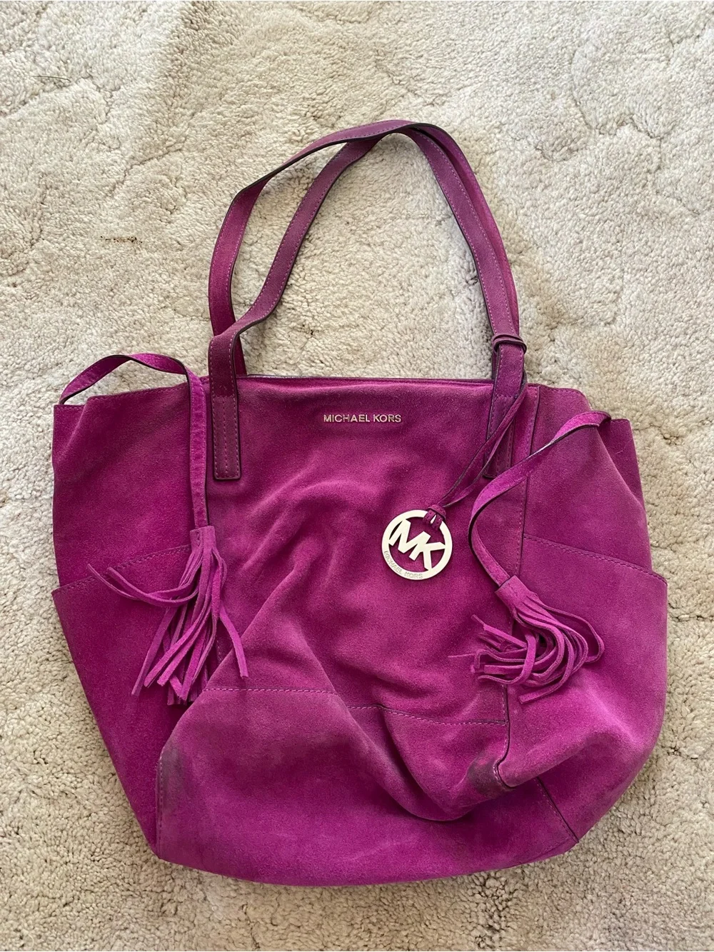 Michael Kors Suede Tote in fuchsia with MK Charm