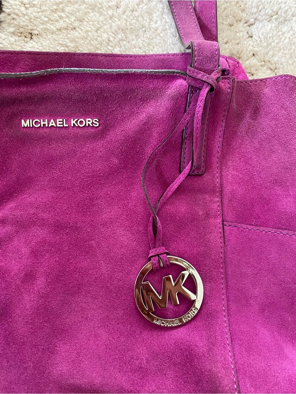 Michael Kors Suede Tote in fuchsia with MK Charm