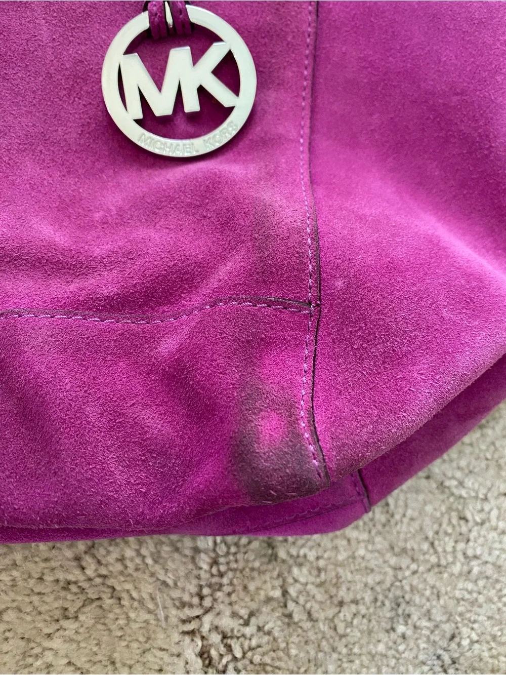 Michael Kors Suede Tote in fuchsia with MK Charm