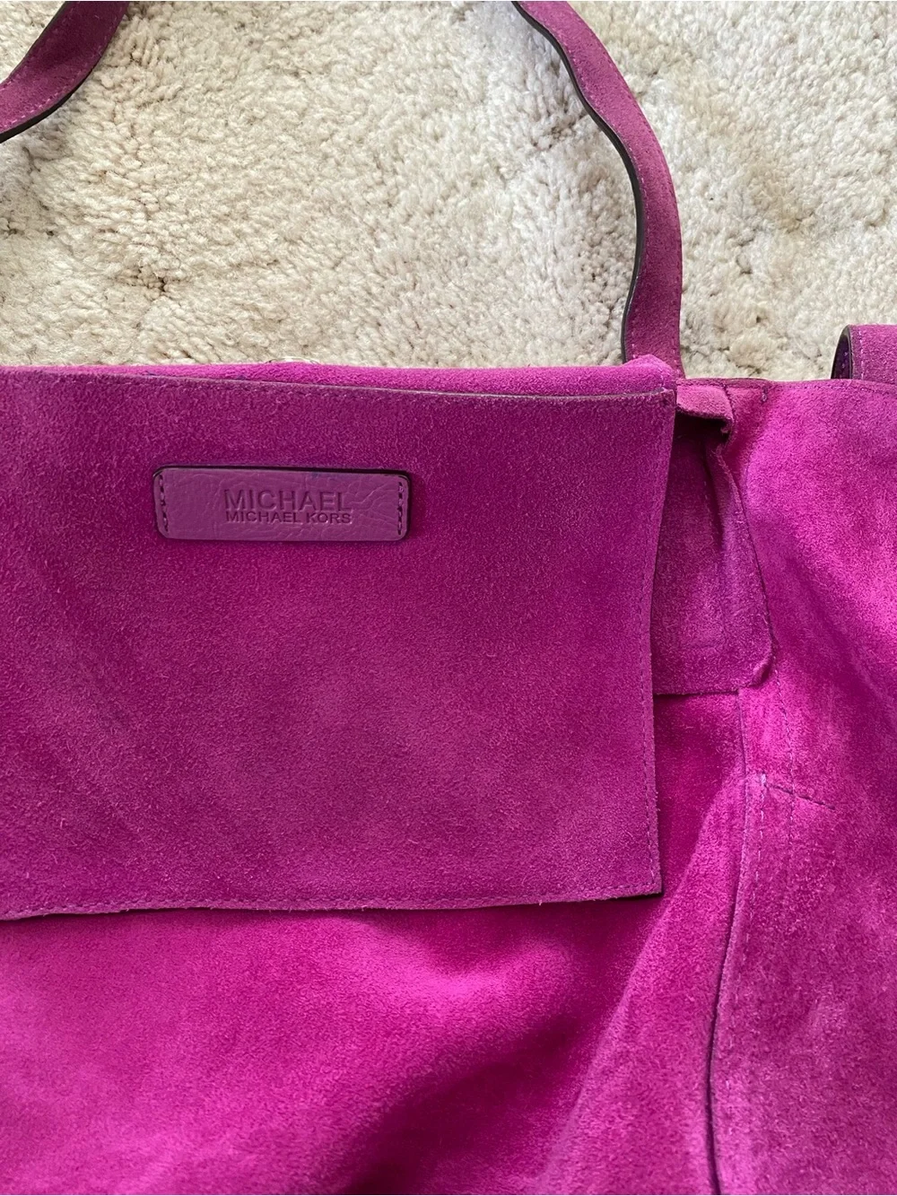 Michael Kors Suede Tote in fuchsia with MK Charm