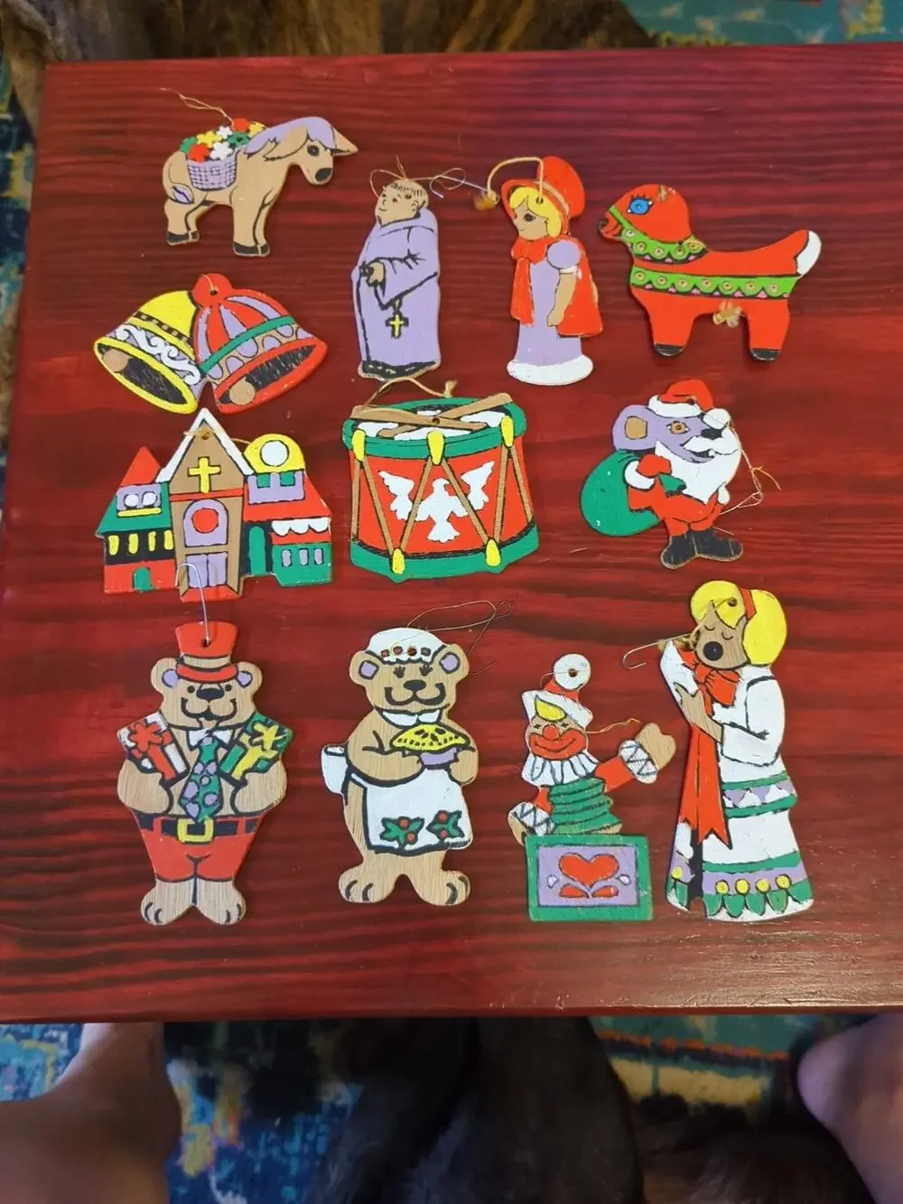 Lot of 12 Vintage Hand Painted Flat Wooden Christmas Ornaments