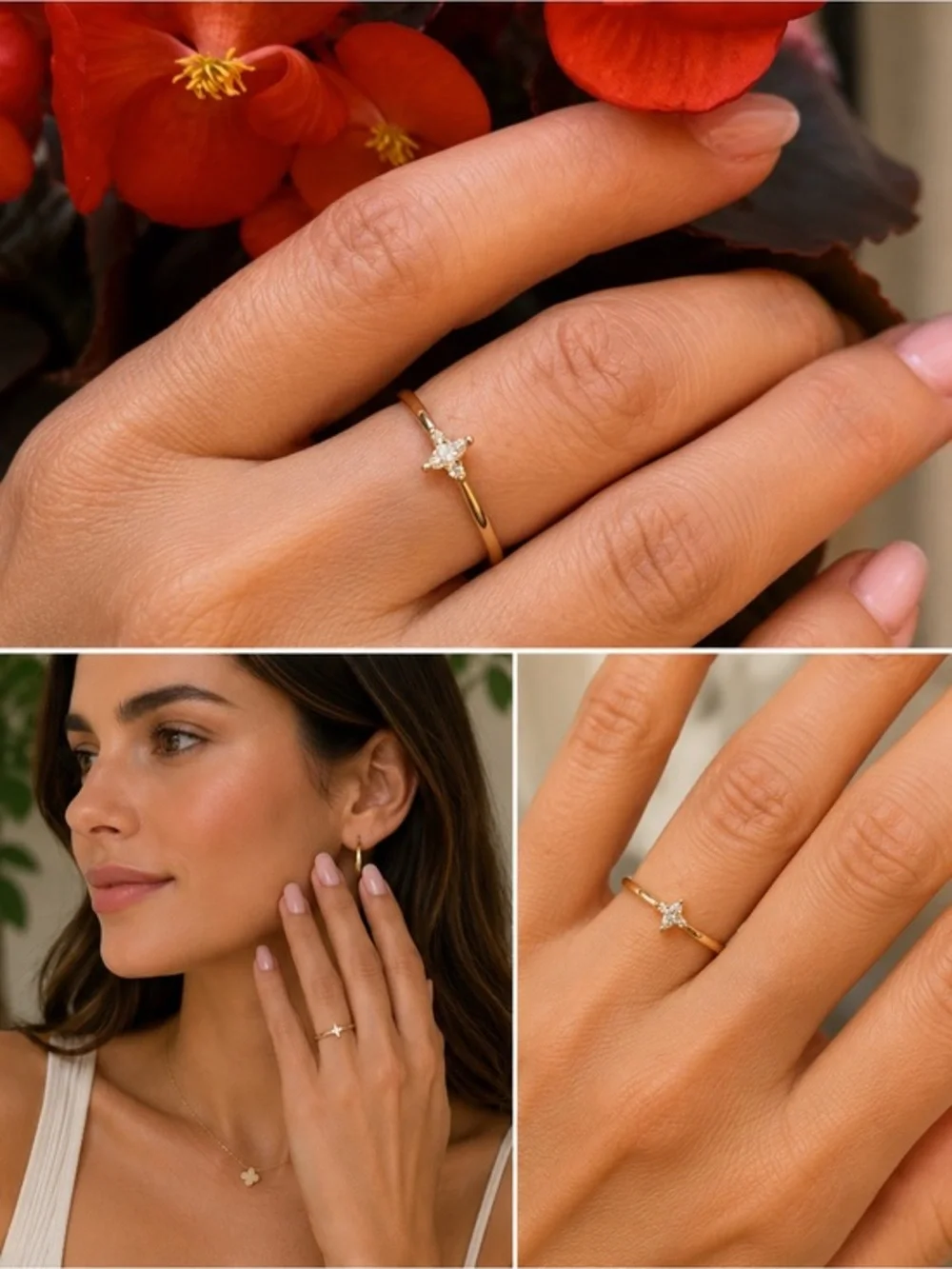 New Dainty 14K yellow Gold Promise Ring Stackable CZ Band