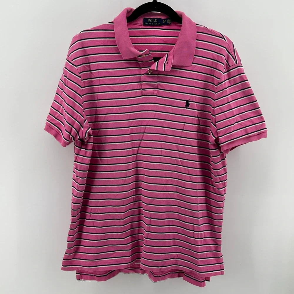 Polo Ralph Lauren Men XL Pink Striped Short Sleeve‎ Cotton Shirt Preppy Classic