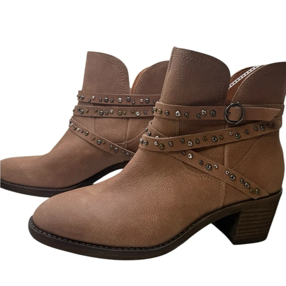 Lucky Brand Callam Studded Strap Boot NWOB Brown Heel Ankle Western Boho Festiva