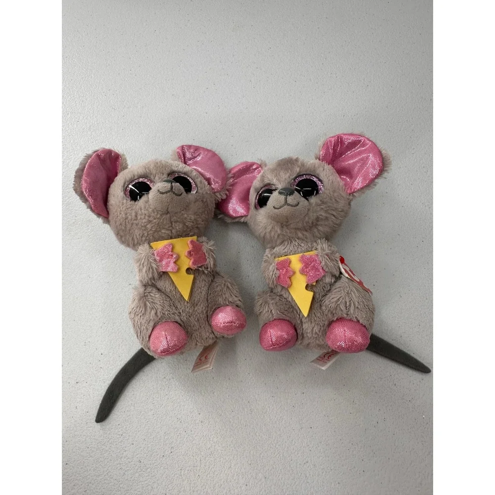 Ty Beanie Boos Squeaker Mouse Plush Lot 2 Grey Pink Cheese Stuffed Animal 6 in