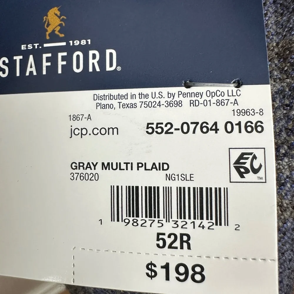 Stafford Men's 52R Sport Coat Gray Multi Plaid Wool‎ Blend Classic Fit Blazer