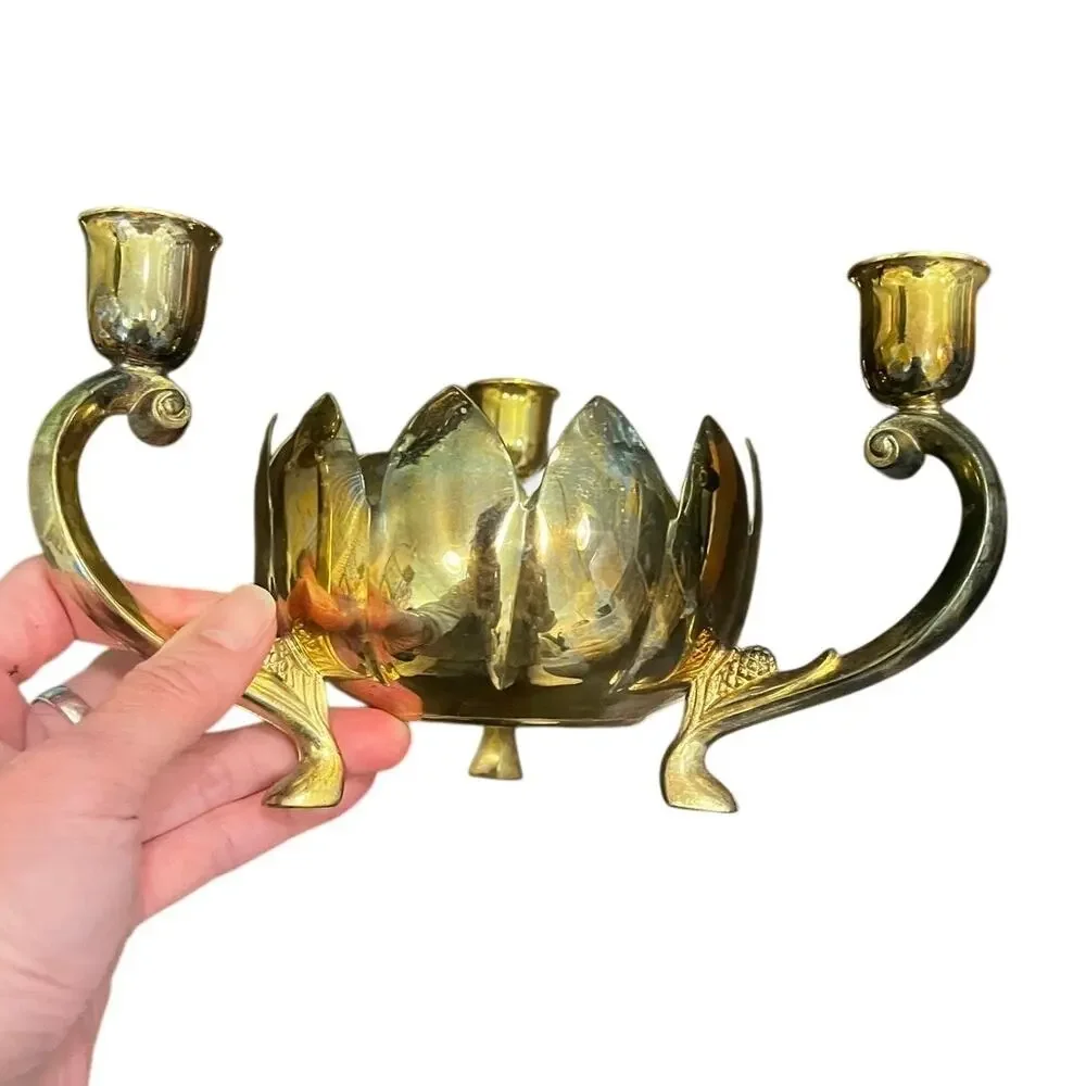 Vintage Leonards Brass Lotus Candle Holder 3 Arm Candelabra Hollywood Regency