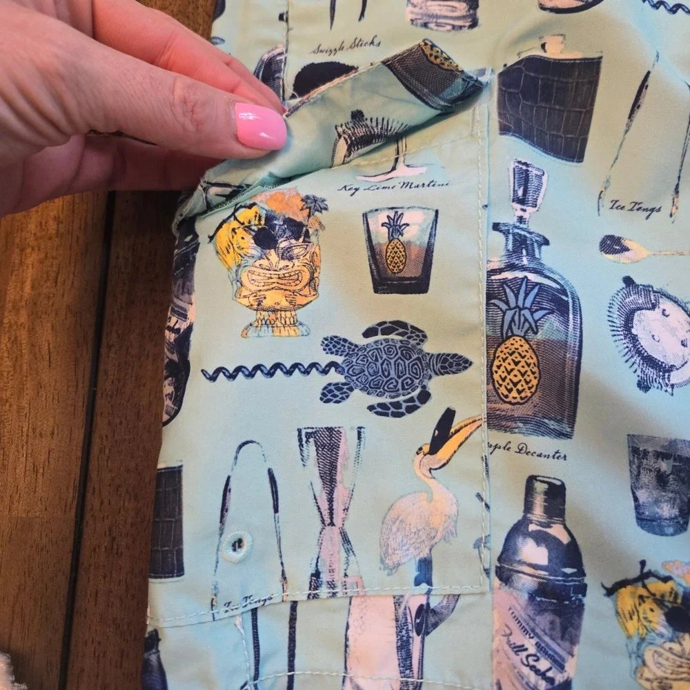 Tommy Bahama Mens 1XLB Swim Trunks Cocktail Barware Print Aqua Blue Board Shorts