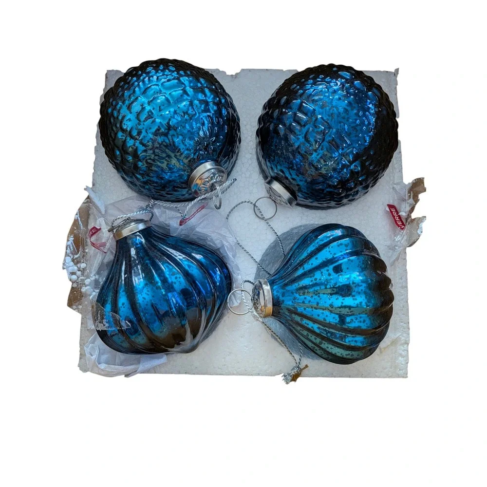 Blue Mercury Glass Christmas Ornaments Set of 4 Textured Teardrop Round Holiday