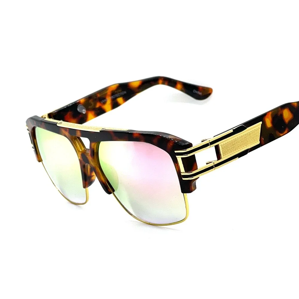 Mens Oversized Tortoise Gold Square‎ Sunglasses Pink Mirror Lens UV400 Hip Hop