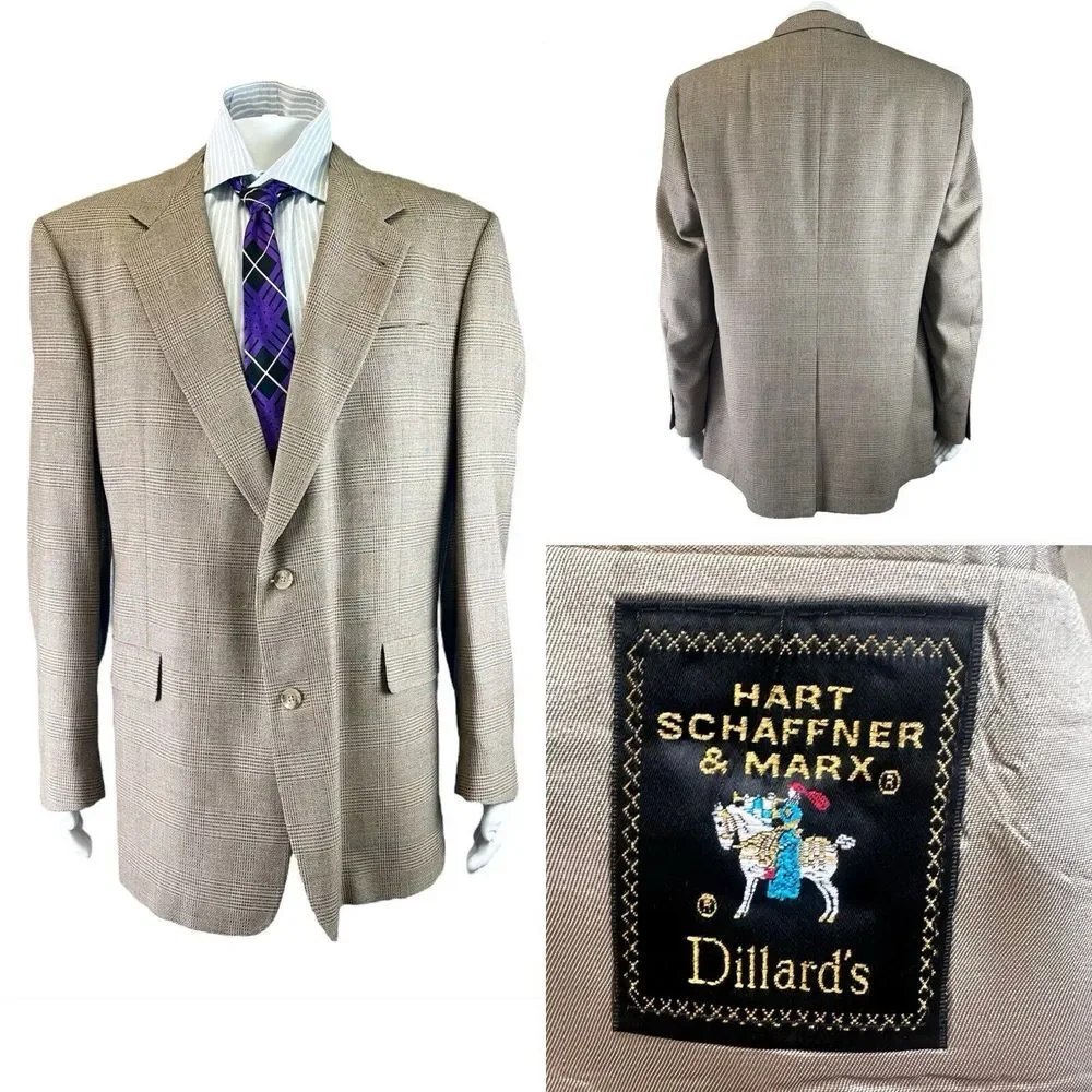 Hart Schaffner Marx Sport‎ Coat Men 46L Brown Plaid Wool Union Made USA Career