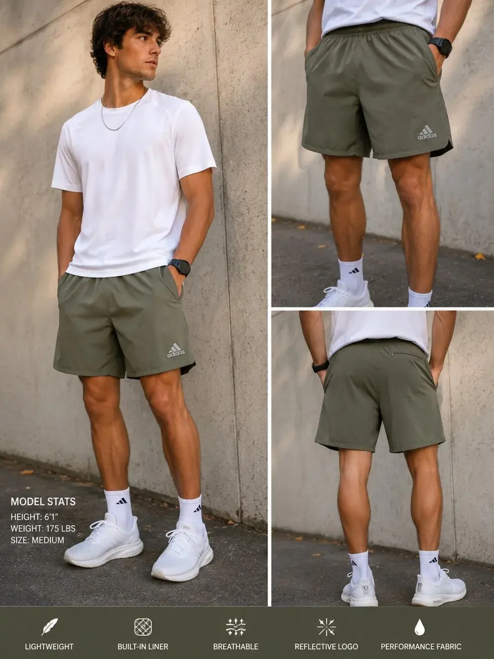 Adidas Running Shorts Olive Green Lightweight Lined Athletic Men's Medium