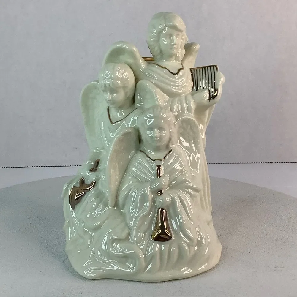 Angel Trio Ceramic Candle Holder White/Gold Christmas Home Decore 6”