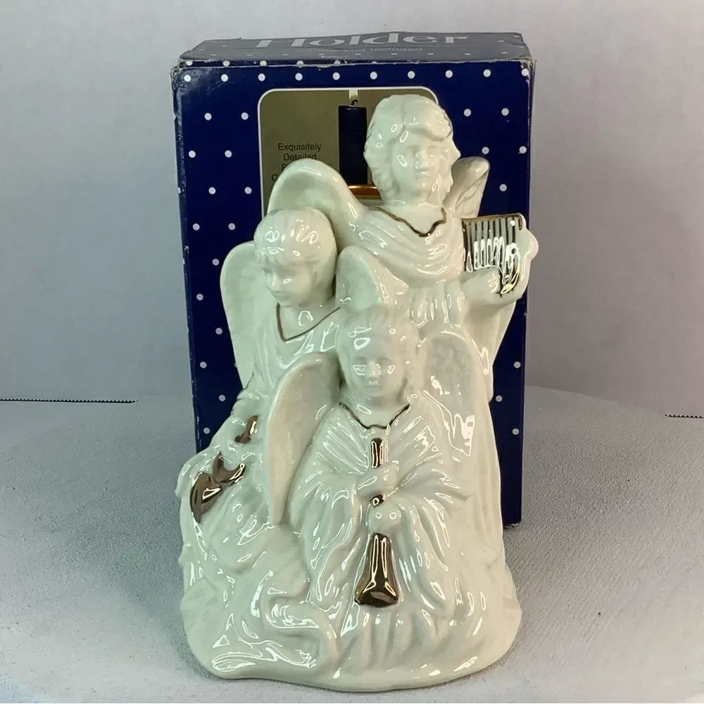 Angel Trio Ceramic Candle Holder White/Gold Christmas Home Decore 6”