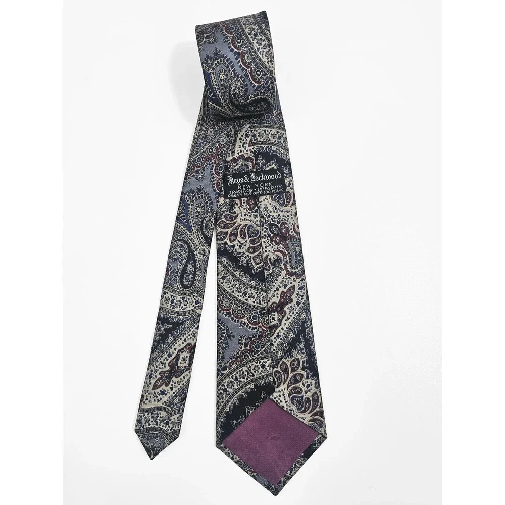 Keys & Lockwood Vintage Handmade Gray Blue Red Paisley Silk Tie