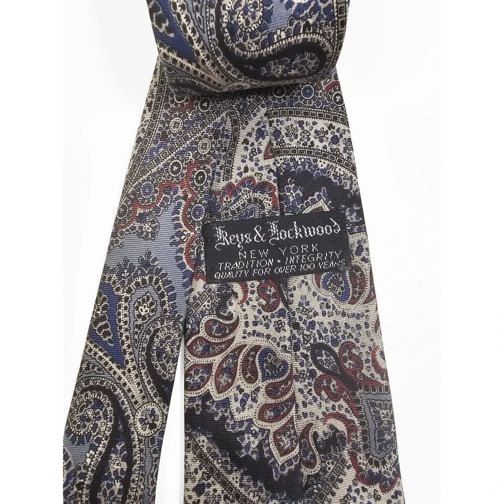 Keys & Lockwood Vintage Handmade Gray Blue Red Paisley Silk Tie