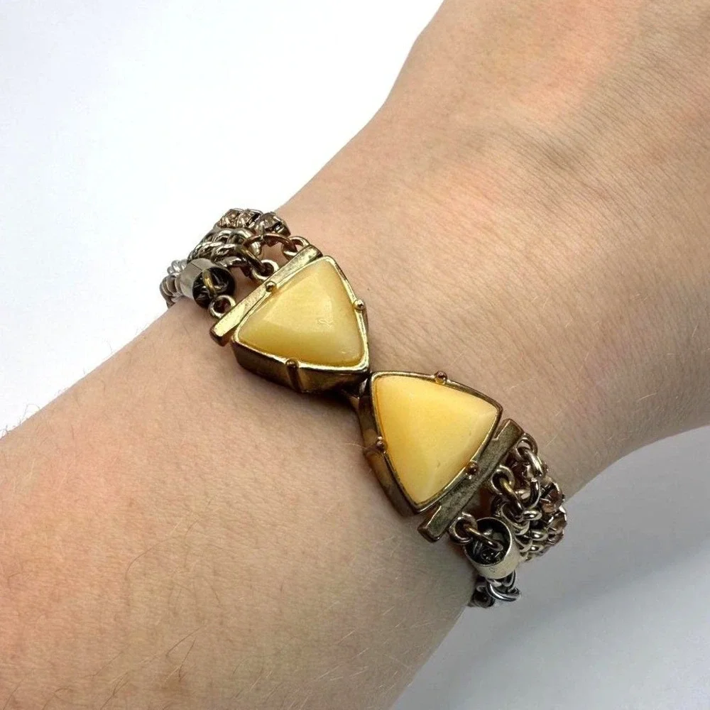 Chunky Chain Bracelet Faux Amber Triangle‎ Magnetic Clasp Mixed Metal Statement