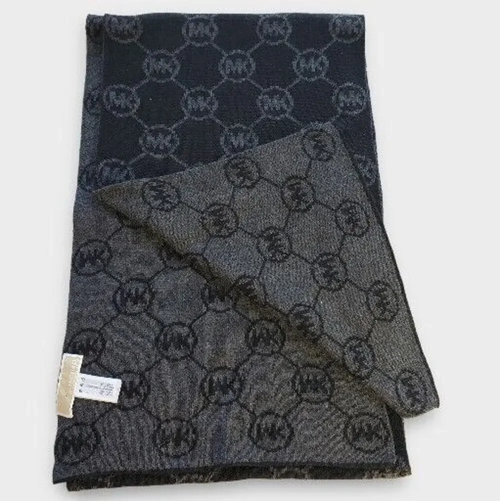Michael Kors Signature Logo Black Gray Reversible Knit Scarf