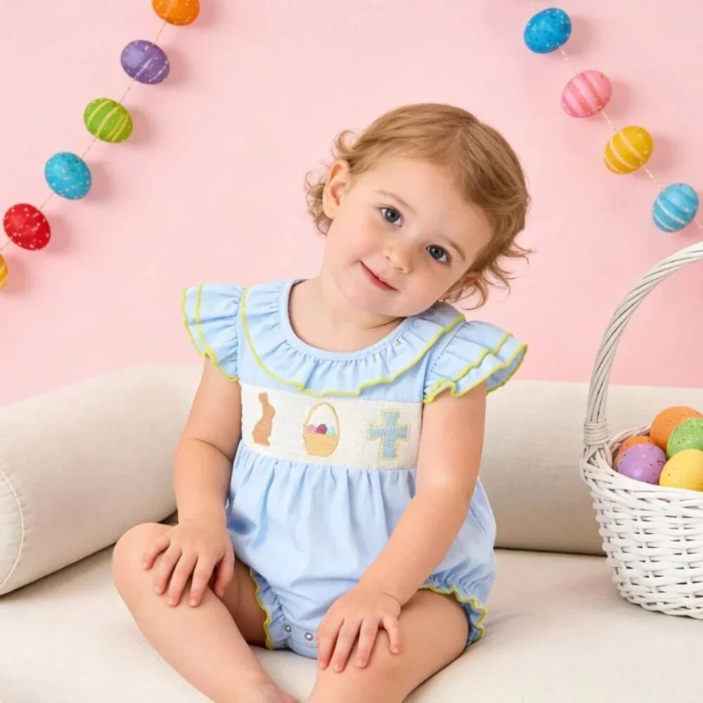 Boutique Easter Bunny Rabbit Baby Girls Embroidered Smocked Romper Jumpsuit