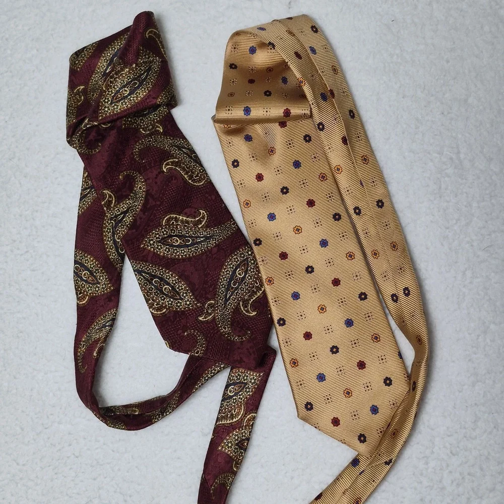 Lands' End Silk Ties Lot Of 2 Burgundy Paisley Yellow Blue Floral Workwear 60