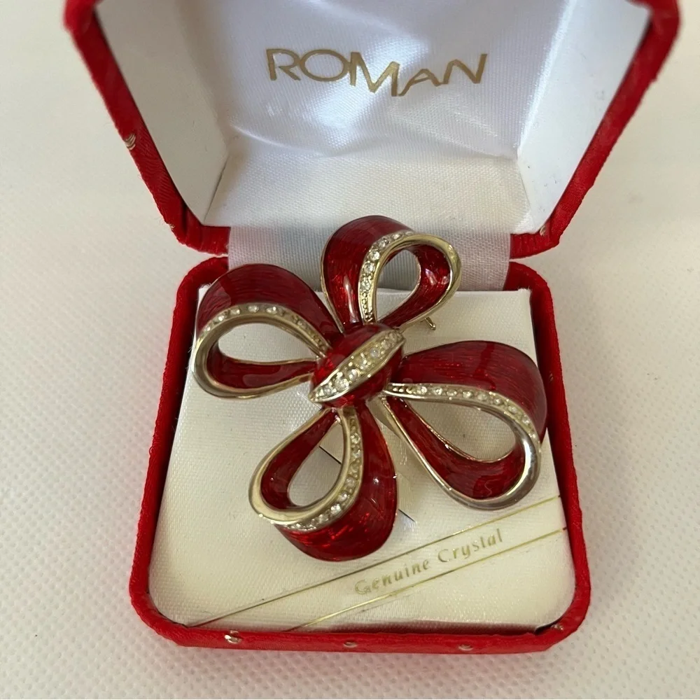 Vintage Roman Red Gold Crystal Bow Brooch Christmas